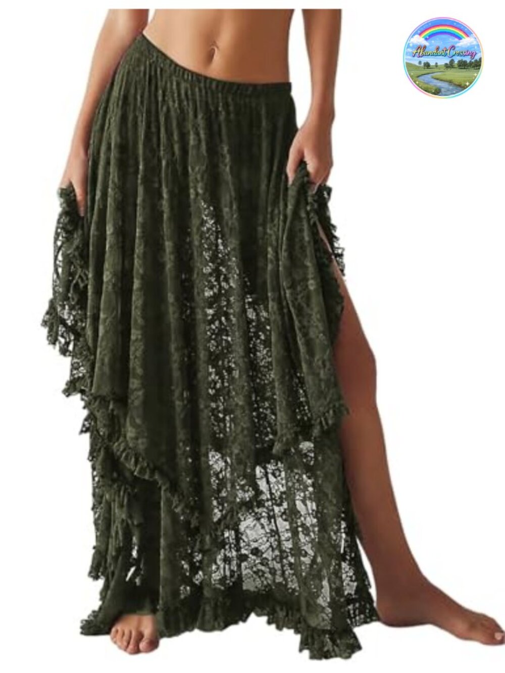 Women's Lace Asymmetrical Flowy Boho Maxi Skirt with Ruffle Hem